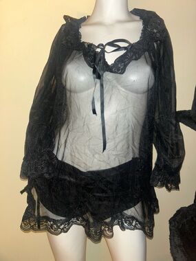 Vintage Sheer Black Lace Tie-Front Babydoll Top